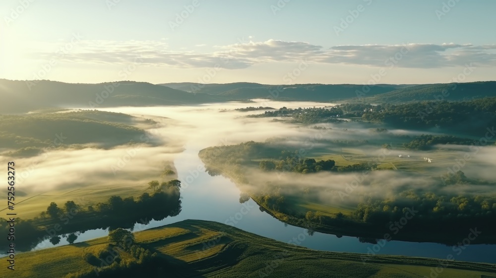 Poster a scenic view of a river running through a lush green valley. perfect for nature or travel concepts
