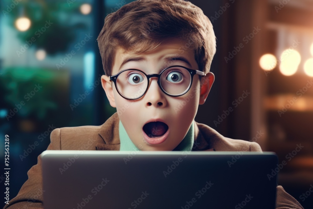 Poster young boy with a surprised expression looking at a laptop. suitable for technology and education con