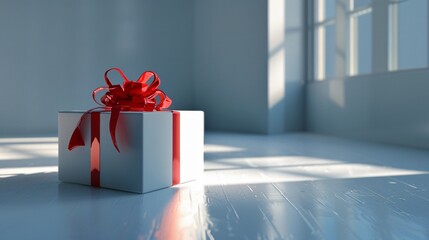 Elegante weiße Geschenk-Box mit roter Schleife auf weißem Boden mit Lichtstrahlen für Weihnachten oder Geburtstag - obrazy, fototapety, plakaty