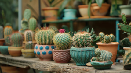 Small cactus in pottery on a shelf in a retail environment.