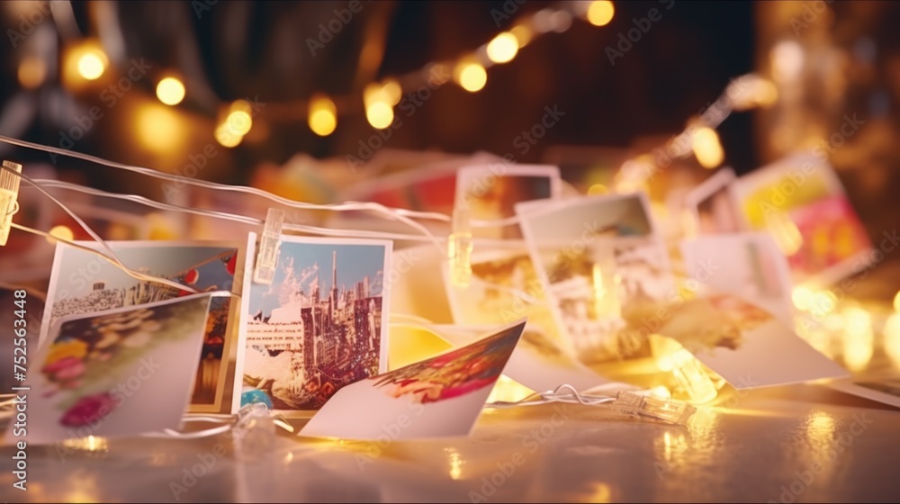 Poster collection of pictures hanging from a string of lights. suitable for home decor or party invitations