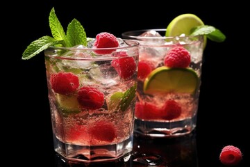 Glasses filled with ice and raspberries, perfect for summer refreshment