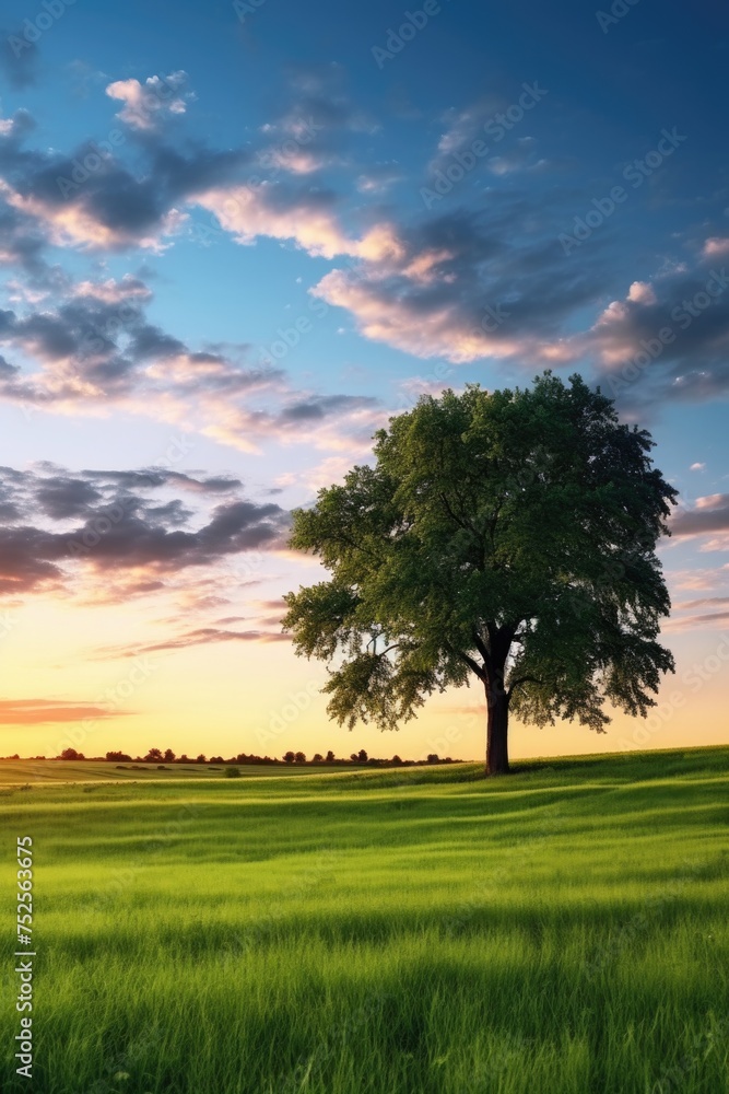 Aufkleber a serene image of a single tree standing in a lush green field at sunset. perfect for nature or land