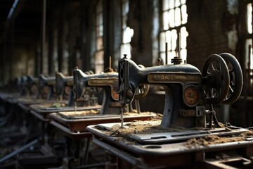 Fototapeta na wymiar Old sewing machines lined up in a factory. Ideal for industrial-themed projects