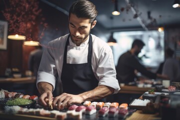 A man preparing sushi in a restaurant. Ideal for food and culinary concepts