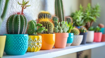 A delightful collection of vibrant cactus plants housed in an array of colorful pots, arranged neatly on a white shelf in a cozy home setting
