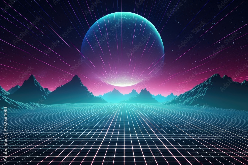 Poster a futuristic landscape featuring mountains and a distant planet. ideal for sci-fi themed projects