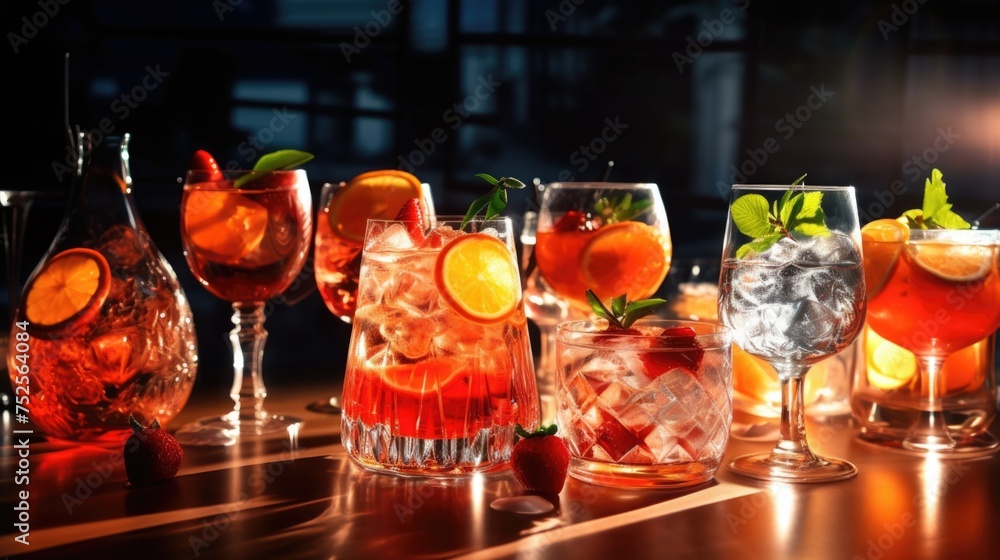 Poster Row of glasses filled with different types of drinks. Perfect for bar or restaurant concepts