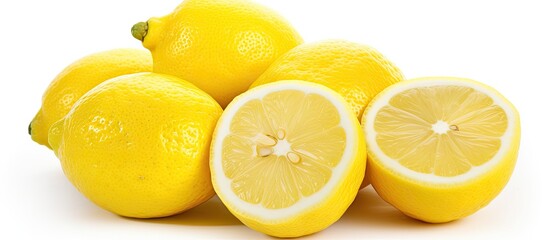 A stack of fresh lemons piled on top of each other, showcasing their bright yellow rinds and textured skin against a clean white background.