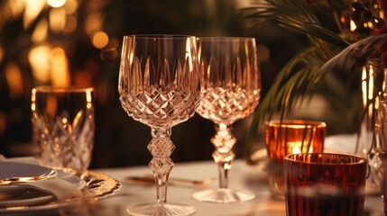 Close-up of a table setting with wine glasses. Perfect for dining and celebration concepts