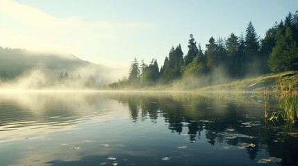 Fototapeta na wymiar A serene body of water surrounded by trees on a foggy day. Perfect for nature and landscape themes