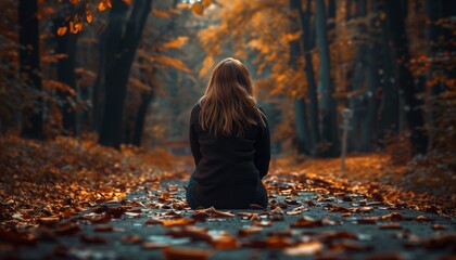 A girl sits in a cloudy and gloomy forest