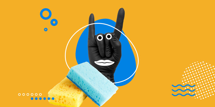 Cleaning concept. Hand in black glove shows devils horns sign, peeking out from behind colored sponges. Humorous minimalist art collage