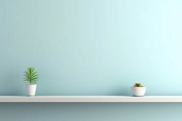 Two potted plants displayed on a shelf against a blue wall. Ideal for home decor or gardening concepts