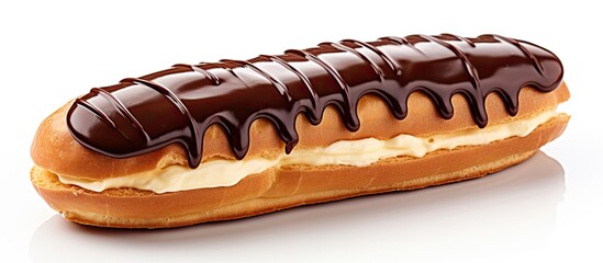 A chocolate covered donut is placed on top of a white surface, showcasing its delicious and indulgent appearance. The rich chocolate coating contrasts beautifully against the clean white background.