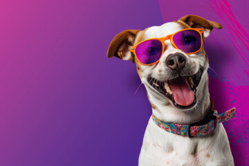 A dog wearing sunglasses and a bow tie is smiling. The image has a fun and playful mood. banner dog with glasses on colorful purple background - obrazy, fototapety, plakaty
