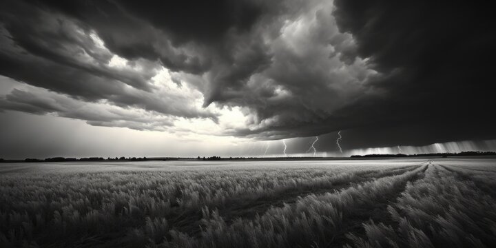 A striking black and white photo of lightning in a field. Perfect for illustrating the power of nature