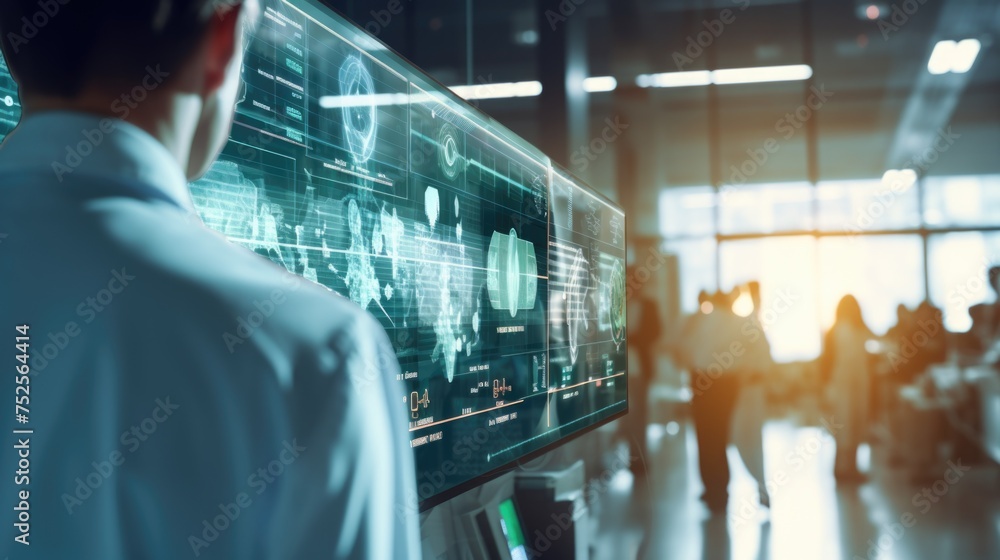 Poster A man standing in front of a large screen. Suitable for technology presentations