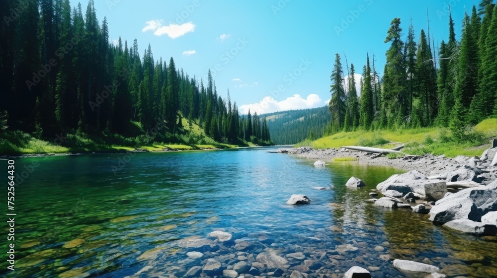 Poster scenic view of a river flowing through a lush green forest. suitable for nature and landscape concep