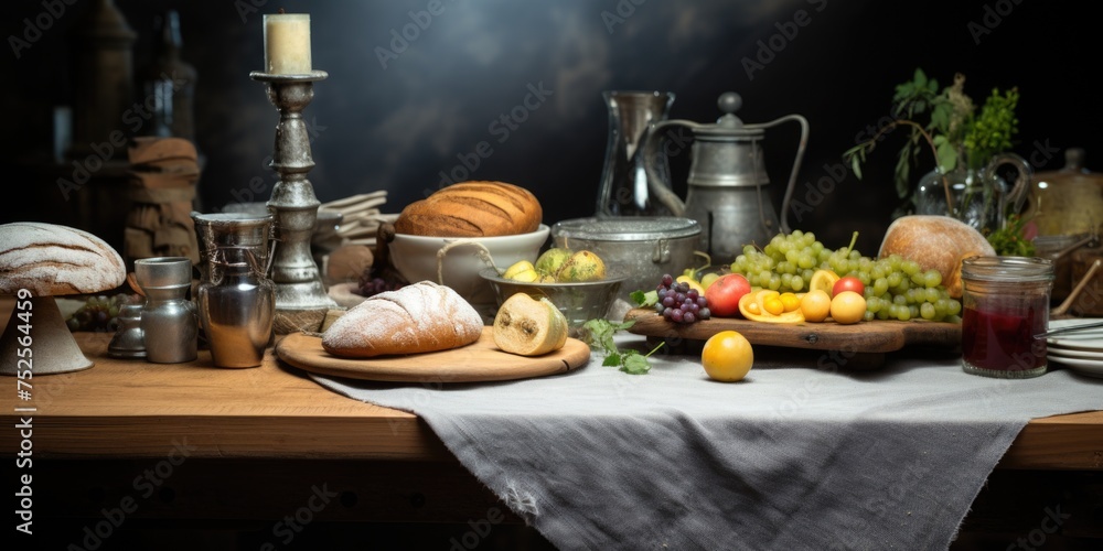 Poster a table set with bread, fruit, and silverware. suitable for food concepts