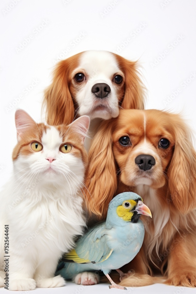 Poster Group of dogs and cats sitting together. Suitable for pet lovers