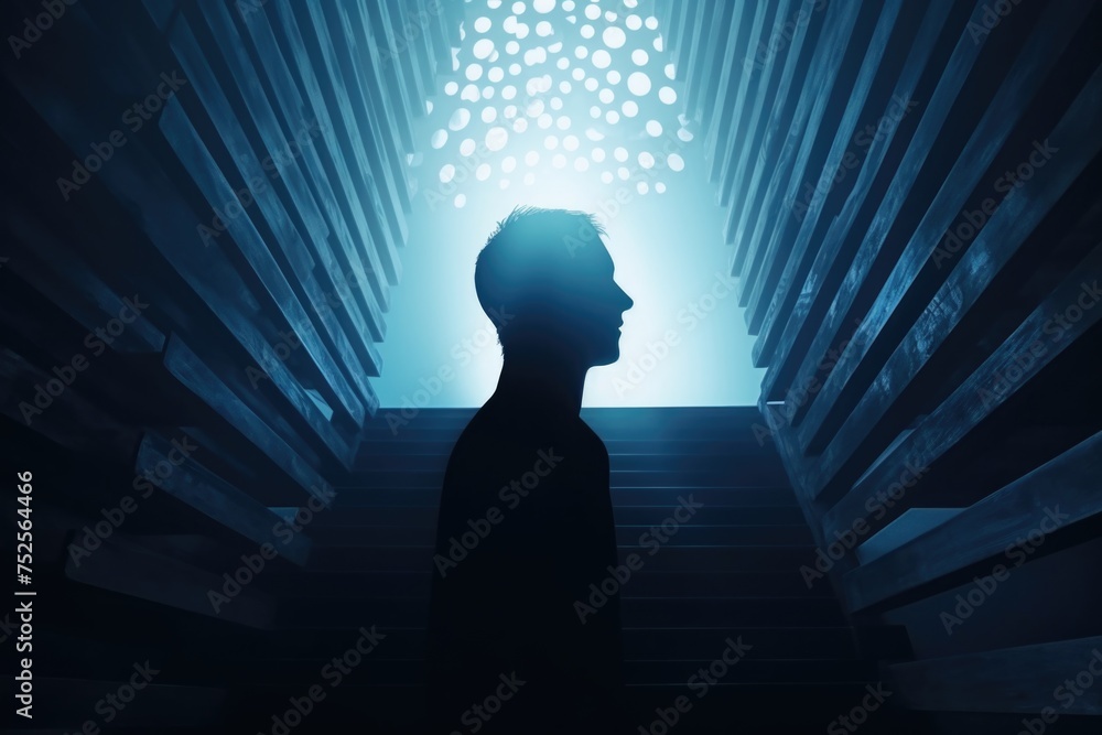 Poster silhouette of a man standing in front of a staircase. suitable for business or success concepts
