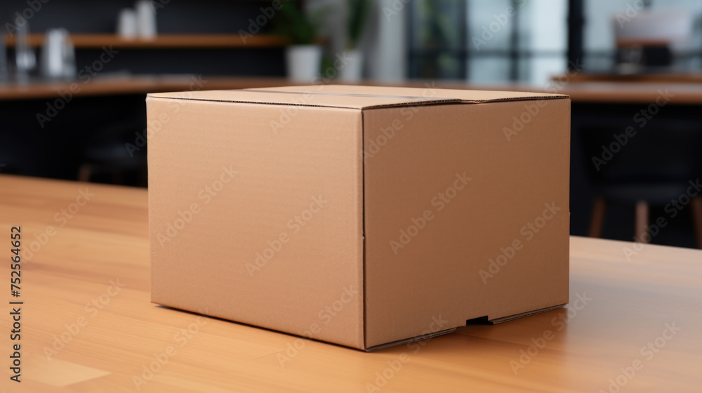 Poster a cardboard box placed on a wooden table, suitable for various concepts and designs