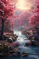 A serene painting of a stream flowing through a lush forest. Ideal for nature-themed designs