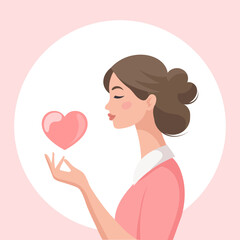 Woman holding a heart. Concept for mental health, support, love and relationships. Illustration. Vector	

