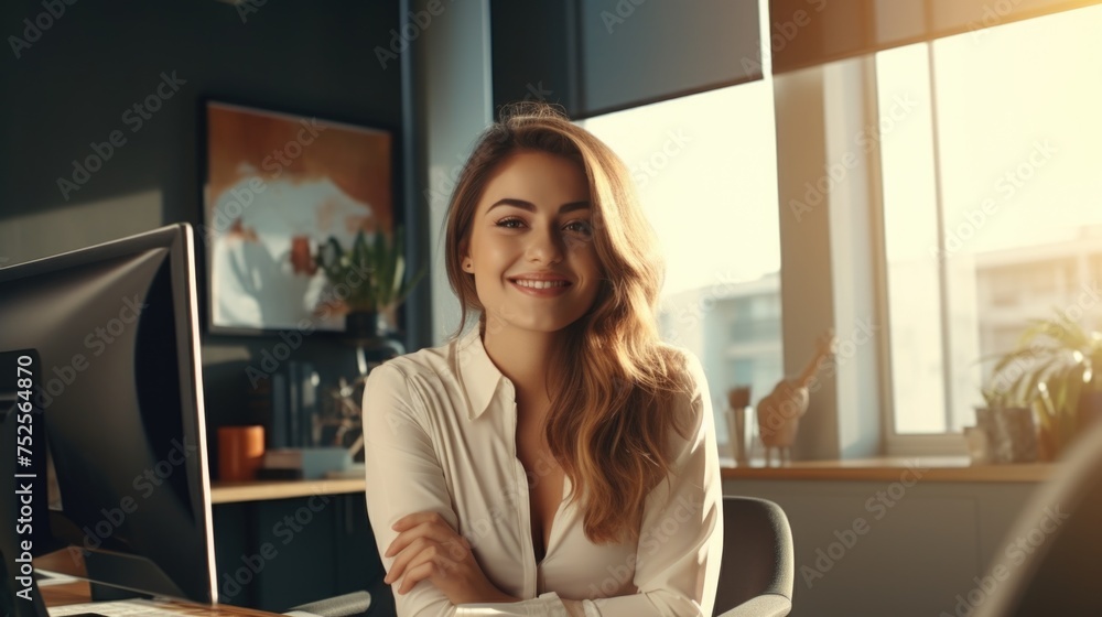 Aufkleber A woman sitting at a desk in front of a computer. Suitable for business and technology concepts