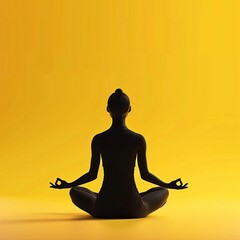 black mindfulness yoga figure on isolated yellow background