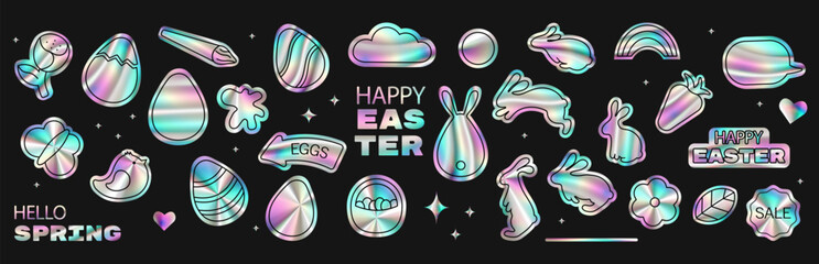 Happy Easter holographic pastel stickers set. Trendy Y2K retro futuristic style holo spring elements collection for branding, packaging, prints, social media posts, poster design. Vector illustration