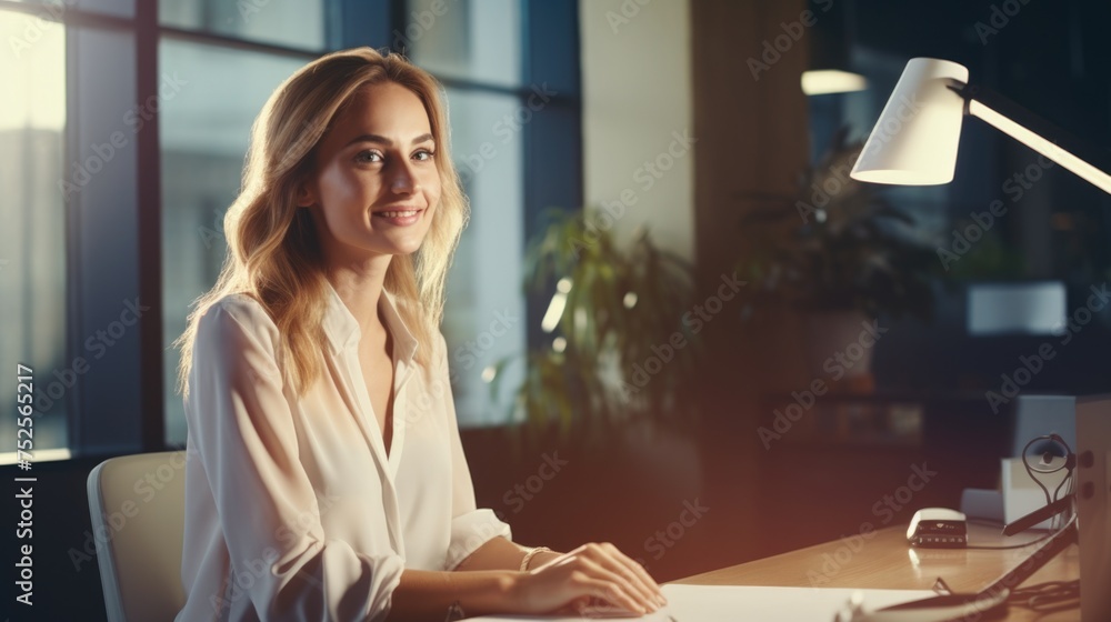Poster a woman sitting at a desk in front of a laptop computer. suitable for business and technology concep
