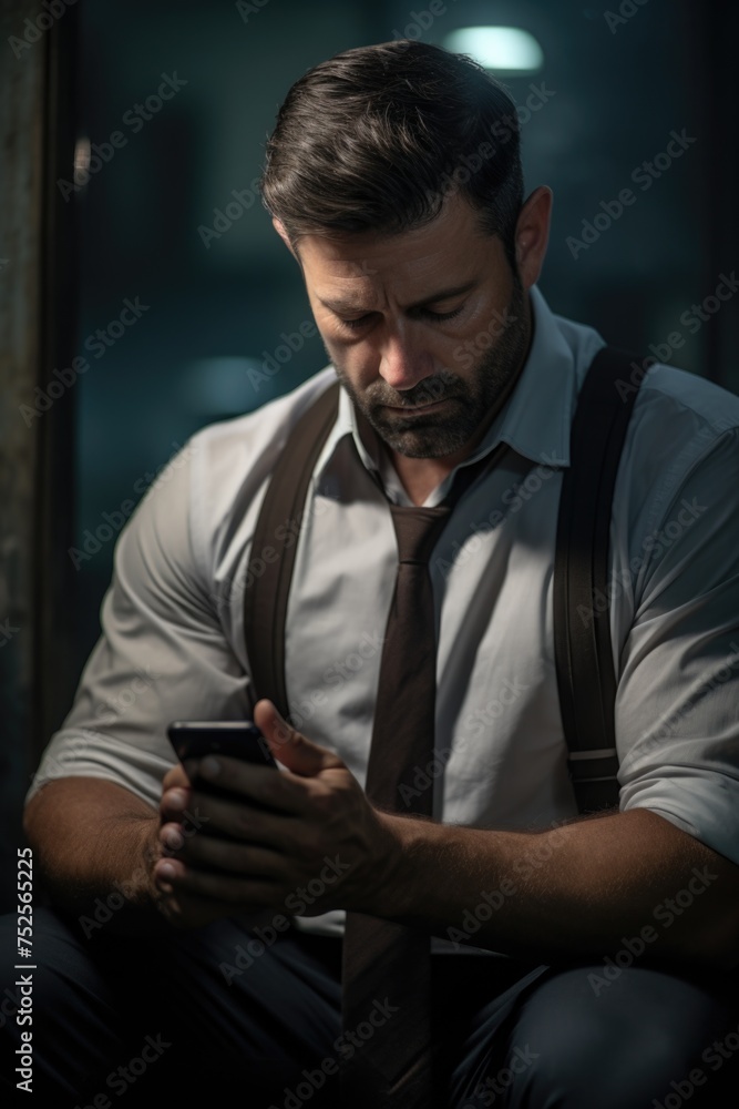 Poster a man sitting down while looking at his cell phone. suitable for technology concepts