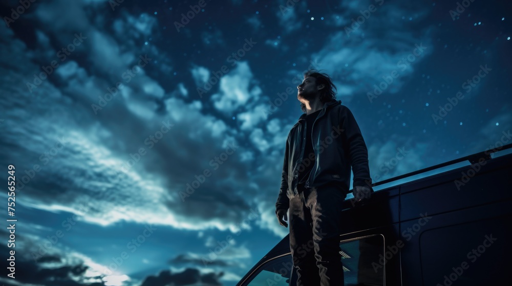 Poster a man standing in front of a van at night, suitable for transportation concepts