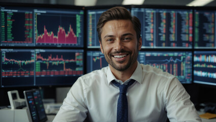 Bellissimo uomo in un ufficio finanziario con vestito elegante	davanti ai monitor con l'andamento del mercato azionario