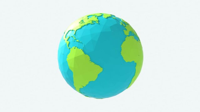 3D animation of planet Earth with low poly style rotating slowly in loop on white background