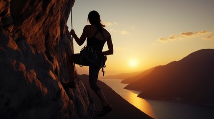 A woman climbing up the side of a mountain at sunset. Ideal for outdoor and adventure-themed designs