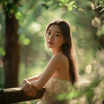 Portrait of a woman enjoying the sun in a garden