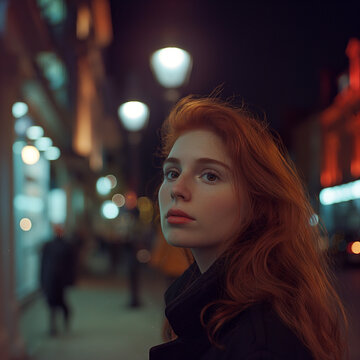 Portrait of a red haired woman in a city