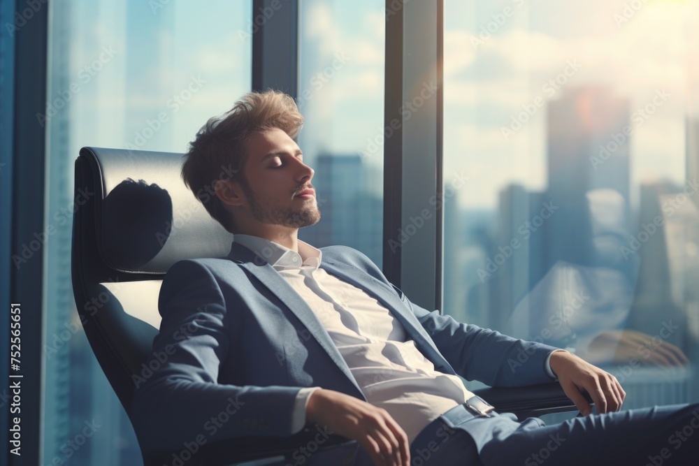Poster a man sitting in a chair in front of a window. suitable for lifestyle or relaxation concepts