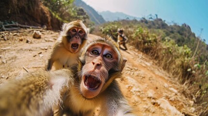 Frightened monkeys on the mountain taking a selfie - obrazy, fototapety, plakaty