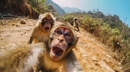 Fotobehang Frightened monkeys on the mountain taking a selfie © Олег Фадеев