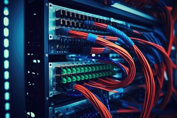 Detailed view of wires in a rack, suitable for technology concepts