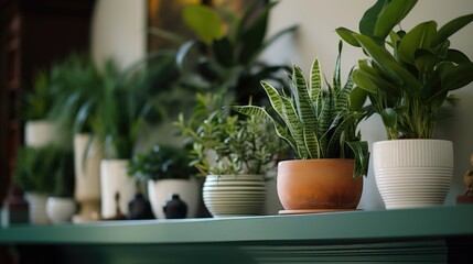 A row of potted plants displayed on a shelf. Suitable for home decor or gardening themes