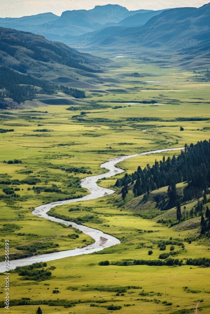 Poster scenic view of a river flowing through a beautiful green valley. suitable for nature and landscape c