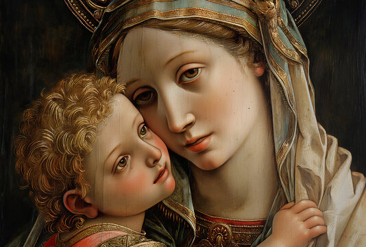 Dibujo al óleo de estilo renacentista de la Virgen María con el niño Jesús