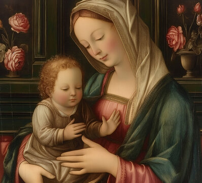 Dibujo al óleo de estilo renacentista de la Virgen María con el niño Jesús