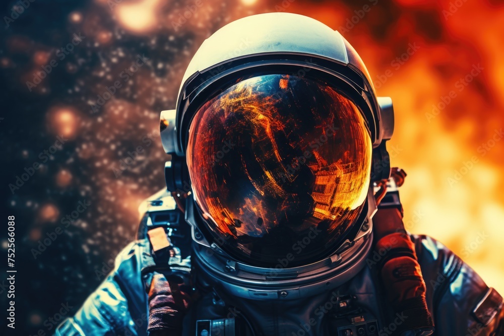 Poster Close up of a person wearing a space suit. Suitable for science and technology concepts