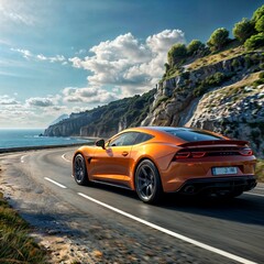 A beautiful sports car drives along the road along the sea coast